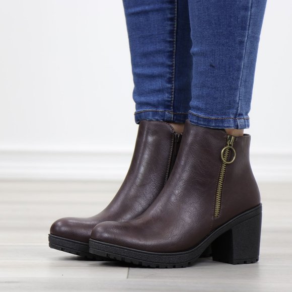 Brown Synthetic Leather Chunky Lug Block Heel Round Toe Ankle Boots - Picture 9 of 11